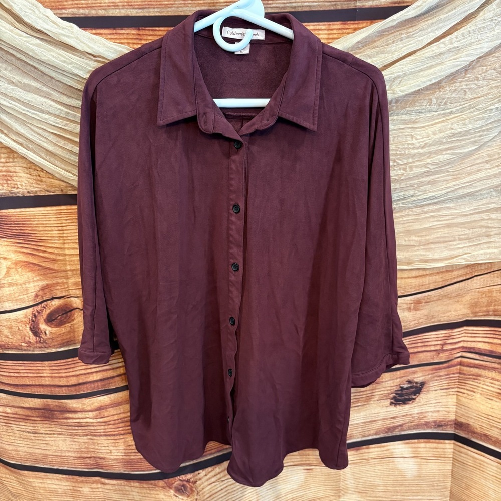 Coldwater Creek Womens Burgandy Long‎ Sleeve Button Down Suede Feel Top Size XL